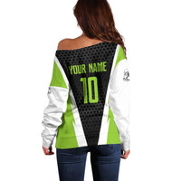 Personalized Custom Bass Fishing Off Shoulder Sweater Jumping Fish Graphic and Green Black Honeycomb - Wonder Print Shop