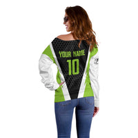 Personalized Custom Bass Fishing Off Shoulder Sweater Jumping Fish Graphic and Green Black Honeycomb - Wonder Print Shop