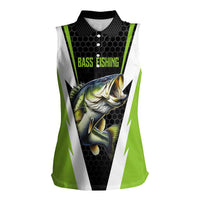Personalized Custom Bass Fishing Women Sleeveless Polo Shirt Jumping Fish Graphic and Green Black Honeycomb - Wonder Print Shop