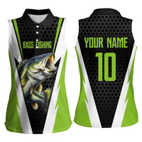Personalized Custom Bass Fishing Women Sleeveless Polo Shirt Jumping Fish Graphic and Green Black Honeycomb - Wonder Print Shop