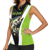 Personalized Custom Bass Fishing Women Sleeveless Polo Shirt Jumping Fish Graphic and Green Black Honeycomb - Wonder Print Shop