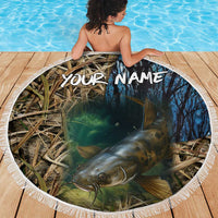 Catfish Fishing Underwater Scene Beach Blanket Custom Name Swamp Grass and Camouflage - Wonder Print Shop