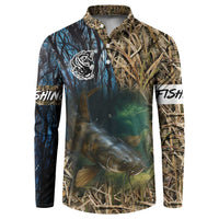 Catfish Fishing Underwater Scene Button Sweatshirt Custom Name Swamp Grass and Camouflage - Wonder Print Shop