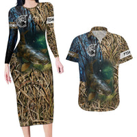 Catfish Fishing Underwater Scene Couples Matching Long Sleeve Bodycon Dress and Hawaiian Shirt Custom Name Swamp Grass and Camouflage - Wonder Print Shop