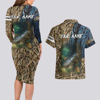 Catfish Fishing Underwater Scene Couples Matching Long Sleeve Bodycon Dress and Hawaiian Shirt Custom Name Swamp Grass and Camouflage - Wonder Print Shop