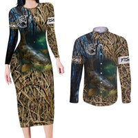 Catfish Fishing Underwater Scene Couples Matching Long Sleeve Bodycon Dress and Long Sleeve Button Shirt Custom Name Swamp Grass and Camouflage - Wonder Print Shop