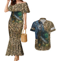 Catfish Fishing Underwater Scene Couples Matching Mermaid Dress and Hawaiian Shirt Custom Name Swamp Grass and Camouflage - Wonder Print Shop