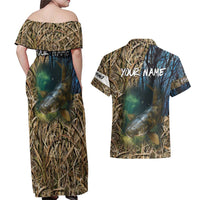 Catfish Fishing Underwater Scene Couples Matching Off Shoulder Maxi Dress and Hawaiian Shirt Custom Name Swamp Grass and Camouflage - Wonder Print Shop