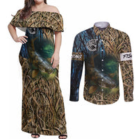 Catfish Fishing Underwater Scene Couples Matching Off Shoulder Maxi Dress and Long Sleeve Button Shirt Custom Name Swamp Grass and Camouflage - Wonder Print Shop