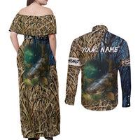 Catfish Fishing Underwater Scene Couples Matching Off Shoulder Maxi Dress and Long Sleeve Button Shirt Custom Name Swamp Grass and Camouflage - Wonder Print Shop