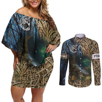 Catfish Fishing Underwater Scene Couples Matching Off Shoulder Short Dress and Long Sleeve Button Shirt Custom Name Swamp Grass and Camouflage - Wonder Print Shop
