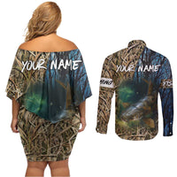 Catfish Fishing Underwater Scene Couples Matching Off Shoulder Short Dress and Long Sleeve Button Shirt Custom Name Swamp Grass and Camouflage - Wonder Print Shop