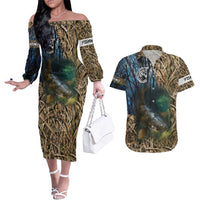 Catfish Fishing Underwater Scene Couples Matching Off The Shoulder Long Sleeve Dress and Hawaiian Shirt Custom Name Swamp Grass and Camouflage - Wonder Print Shop