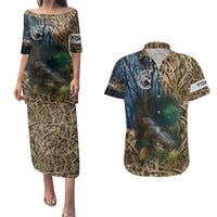 Catfish Fishing Underwater Scene Couples Matching Puletasi and Hawaiian Shirt Custom Name Swamp Grass and Camouflage - Wonder Print Shop