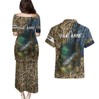 Catfish Fishing Underwater Scene Couples Matching Puletasi and Hawaiian Shirt Custom Name Swamp Grass and Camouflage - Wonder Print Shop