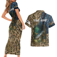 Catfish Fishing Underwater Scene Couples Matching Short Sleeve Bodycon Dress and Hawaiian Shirt Custom Name Swamp Grass and Camouflage - Wonder Print Shop