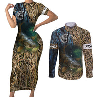 Catfish Fishing Underwater Scene Couples Matching Short Sleeve Bodycon Dress and Long Sleeve Button Shirt Custom Name Swamp Grass and Camouflage - Wonder Print Shop