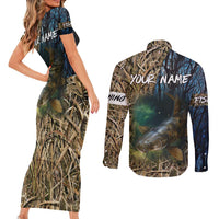 Catfish Fishing Underwater Scene Couples Matching Short Sleeve Bodycon Dress and Long Sleeve Button Shirt Custom Name Swamp Grass and Camouflage - Wonder Print Shop