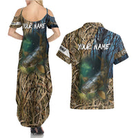 Catfish Fishing Underwater Scene Couples Matching Summer Maxi Dress and Hawaiian Shirt Custom Name Swamp Grass and Camouflage - Wonder Print Shop