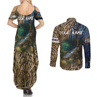 Catfish Fishing Underwater Scene Couples Matching Summer Maxi Dress and Long Sleeve Button Shirt Custom Name Swamp Grass and Camouflage - Wonder Print Shop