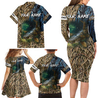Catfish Fishing Underwater Scene Family Matching Long Sleeve Bodycon Dress and Hawaiian Shirt Custom Name Swamp Grass and Camouflage - Wonder Print Shop
