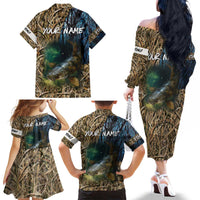Catfish Fishing Underwater Scene Family Matching Off The Shoulder Long Sleeve Dress and Hawaiian Shirt Custom Name Swamp Grass and Camouflage - Wonder Print Shop