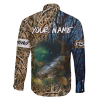 Catfish Fishing Underwater Scene Family Matching Off The Shoulder Long Sleeve Dress and Hawaiian Shirt Custom Name Swamp Grass and Camouflage - Wonder Print Shop