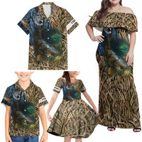 Catfish Fishing Underwater Scene Family Matching Off Shoulder Maxi Dress and Hawaiian Shirt Custom Name Swamp Grass and Camouflage - Wonder Print Shop