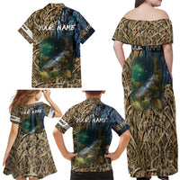Catfish Fishing Underwater Scene Family Matching Off Shoulder Maxi Dress and Hawaiian Shirt Custom Name Swamp Grass and Camouflage - Wonder Print Shop