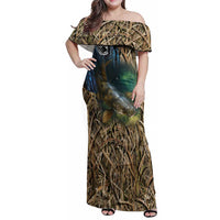 Catfish Fishing Underwater Scene Family Matching Off Shoulder Maxi Dress and Hawaiian Shirt Custom Name Swamp Grass and Camouflage - Wonder Print Shop