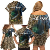 Catfish Fishing Underwater Scene Family Matching Off Shoulder Short Dress and Hawaiian Shirt Custom Name Swamp Grass and Camouflage - Wonder Print Shop