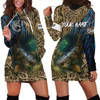 Catfish Fishing Underwater Scene Hoodie Dress Custom Name Swamp Grass and Camouflage - Wonder Print Shop