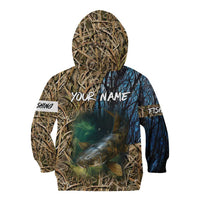 Catfish Fishing Underwater Scene Kid Hoodie Custom Name Swamp Grass and Camouflage - Wonder Print Shop