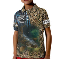 Catfish Fishing Underwater Scene Kid Polo Shirt Custom Name Swamp Grass and Camouflage - Wonder Print Shop