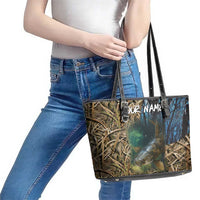 Catfish Fishing Underwater Scene Leather Tote Bag Custom Name Swamp Grass and Camouflage - Wonder Print Shop