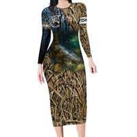 Catfish Fishing Underwater Scene Long Sleeve Bodycon Dress Custom Name Swamp Grass and Camouflage - Wonder Print Shop