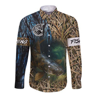 Catfish Fishing Underwater Scene Long Sleeve Button Shirt Custom Name Swamp Grass and Camouflage - Wonder Print Shop