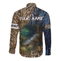 Catfish Fishing Underwater Scene Long Sleeve Button Shirt Custom Name Swamp Grass and Camouflage - Wonder Print Shop