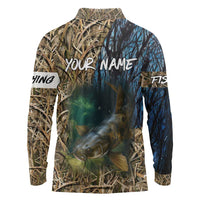 Catfish Fishing Underwater Scene Long Sleeve Polo Shirt Custom Name Swamp Grass and Camouflage - Wonder Print Shop
