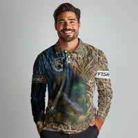 Catfish Fishing Underwater Scene Long Sleeve Polo Shirt Custom Name Swamp Grass and Camouflage - Wonder Print Shop