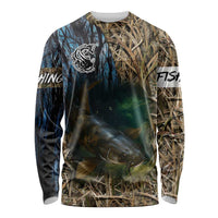 Catfish Fishing Underwater Scene Long Sleeve Shirt Custom Name Swamp Grass and Camouflage - Wonder Print Shop