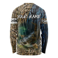 Catfish Fishing Underwater Scene Long Sleeve Shirt Custom Name Swamp Grass and Camouflage - Wonder Print Shop