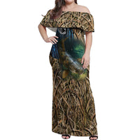 Catfish Fishing Underwater Scene Off Shoulder Maxi Dress Custom Name Swamp Grass and Camouflage - Wonder Print Shop