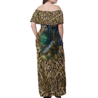Catfish Fishing Underwater Scene Off Shoulder Maxi Dress Custom Name Swamp Grass and Camouflage - Wonder Print Shop