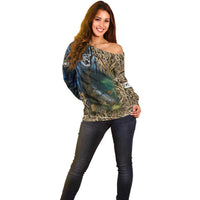Catfish Fishing Underwater Scene Off Shoulder Sweater Custom Name Swamp Grass and Camouflage - Wonder Print Shop