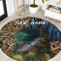 Catfish Fishing Underwater Scene Round Carpet Custom Name Swamp Grass and Camouflage - Wonder Print Shop