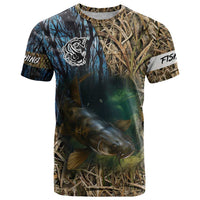 Catfish Fishing Underwater Scene T Shirt Custom Name Swamp Grass and Camouflage - Wonder Print Shop