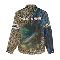 Catfish Fishing Underwater Scene Women Casual Shirt Custom Name Swamp Grass and Camouflage - Wonder Print Shop