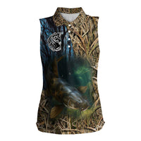 Catfish Fishing Underwater Scene Women Sleeveless Polo Shirt Custom Name Swamp Grass and Camouflage - Wonder Print Shop