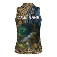 Catfish Fishing Underwater Scene Women Sleeveless Polo Shirt Custom Name Swamp Grass and Camouflage - Wonder Print Shop